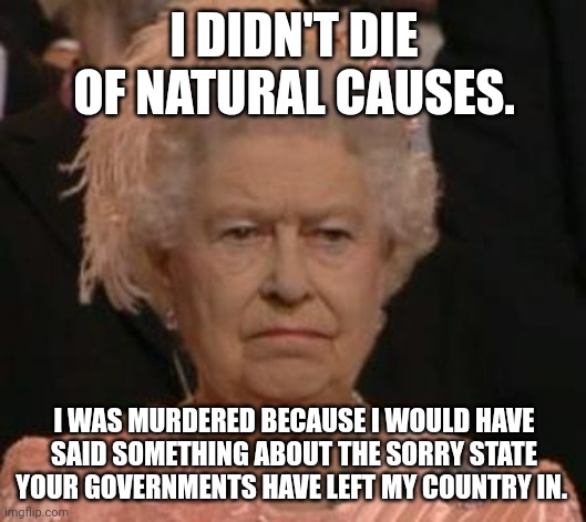 CHANGE MY MIND. | I DIDN'T DIE OF NATURAL CAUSES. I WAS MURDERED BECAUSE I WOULD HAVE SAID SOMETHING ABOUT THE SORRY STATE YOUR GOVERNMENTS HAVE LEFT MY COUNTRY IN. | image tagged in queen | made w/ Imgflip meme maker