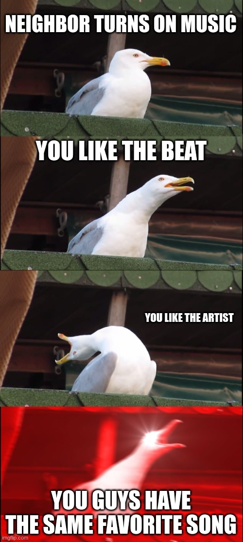 Inhaling Seagull | NEIGHBOR TURNS ON MUSIC; YOU LIKE THE BEAT; YOU LIKE THE ARTIST; YOU GUYS HAVE THE SAME FAVORITE SONG | image tagged in memes,inhaling seagull | made w/ Imgflip meme maker