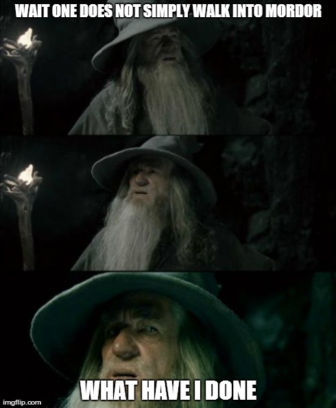 Confused Gandalf | WAIT ONE DOES NOT SIMPLY WALK INTO MORDOR WHAT HAVE I DONE | image tagged in memes,confused gandalf | made w/ Imgflip meme maker