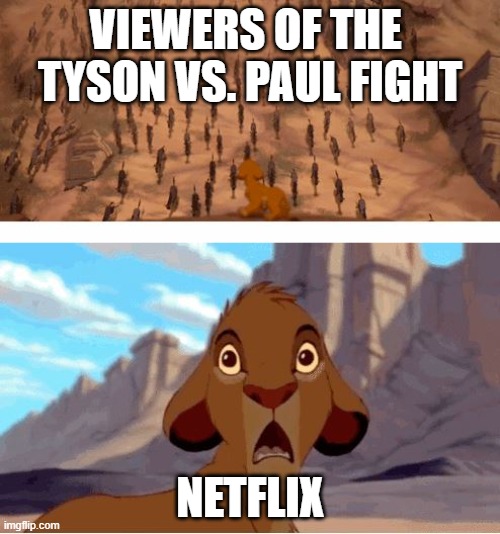 Netflix was not ready for the stampede | VIEWERS OF THE 
TYSON VS. PAUL FIGHT; NETFLIX | image tagged in lion king stampede,netflix,mike tyson,jake paul,boxing,sports | made w/ Imgflip meme maker