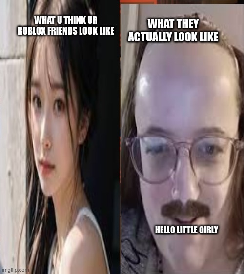 Relatable | WHAT U THINK UR ROBLOX FRIENDS LOOK LIKE; WHAT THEY ACTUALLY LOOK LIKE; HELLO LITTLE GIRLY | image tagged in memes,funny,relatable memes | made w/ Imgflip meme maker