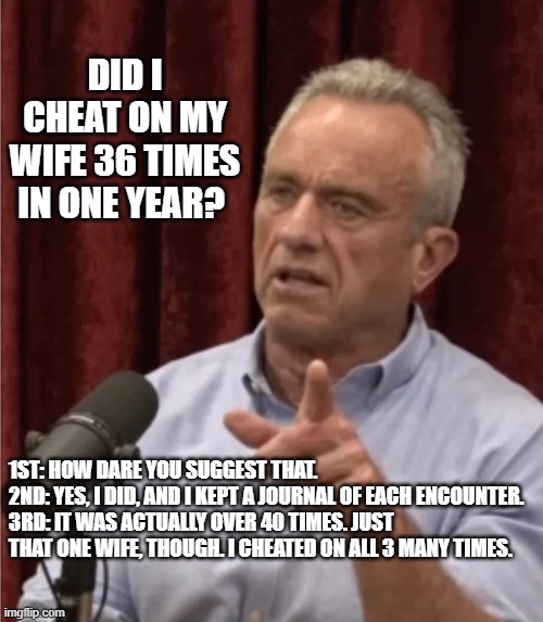 something something christian morals | DID I CHEAT ON MY WIFE 36 TIMES IN ONE YEAR? 1ST: HOW DARE YOU SUGGEST THAT. 
2ND: YES, I DID, AND I KEPT A JOURNAL OF EACH ENCOUNTER.
3RD: IT WAS ACTUALLY OVER 40 TIMES. JUST THAT ONE WIFE, THOUGH. I CHEATED ON ALL 3 MANY TIMES. | image tagged in rfk debate me | made w/ Imgflip meme maker