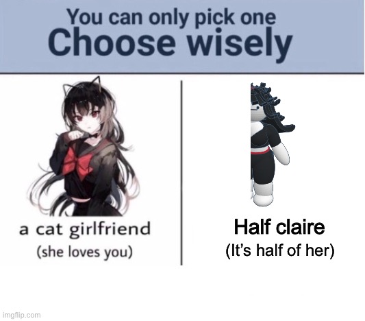 Choose wisely | Half claire; (It’s half of her) | image tagged in choose wisely,claire,msmg | made w/ Imgflip meme maker