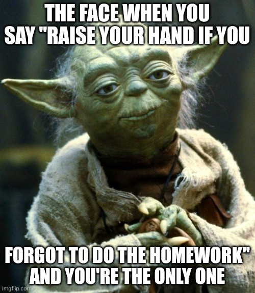 Star Wars Yoda | THE FACE WHEN YOU SAY "RAISE YOUR HAND IF YOU; FORGOT TO DO THE HOMEWORK" AND YOU'RE THE ONLY ONE | image tagged in memes,star wars yoda | made w/ Imgflip meme maker