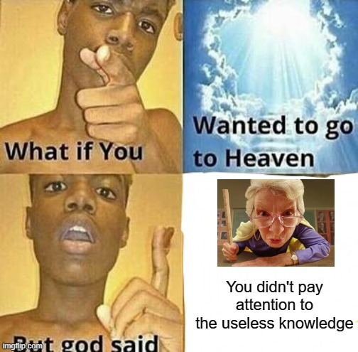 What if you wanted to go to Heaven | You didn't pay attention to the useless knowledge | image tagged in what if you wanted to go to heaven | made w/ Imgflip meme maker