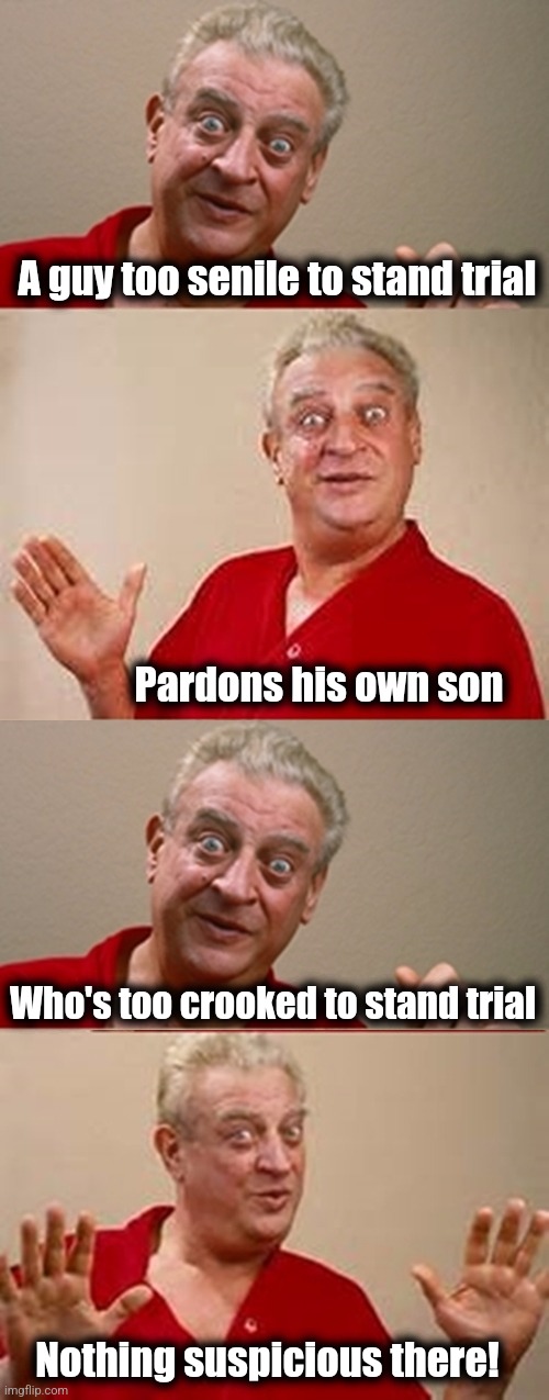 Most democrat thing ever! | A guy too senile to stand trial; Pardons his own son; Who's too crooked to stand trial; Nothing suspicious there! | image tagged in bad pun rodney dangerfield,memes,biden crime syndicate,hunter biden,joe biden,democrats | made w/ Imgflip meme maker