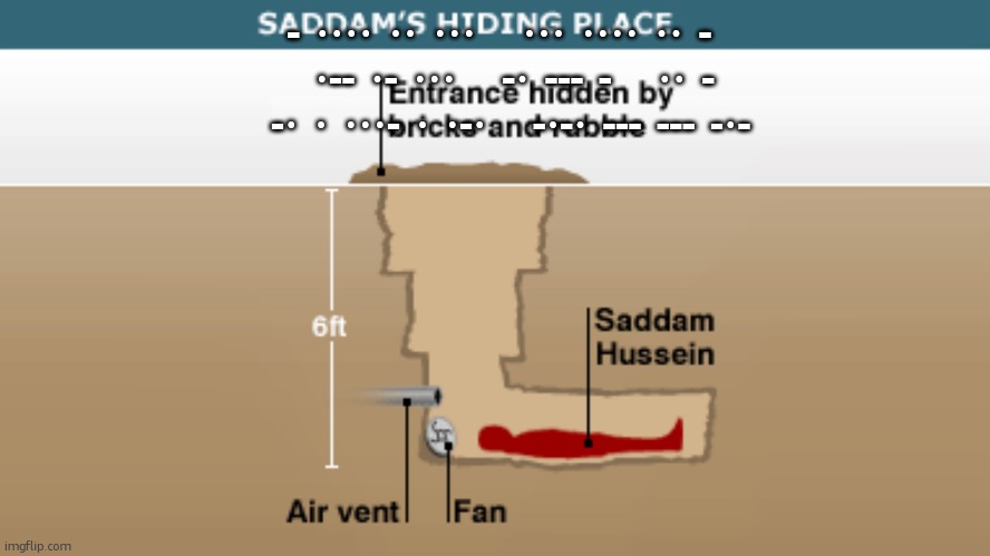 Saddam's Hiding Place | -  ····  ··  ···      ···  ····  ··  -      ·--  ·-  ···      -·  ---  -      ··  -      -·  ·  ···-  ·  ·-·      -·-·  ---  ---  -·- | image tagged in saddam's hiding place | made w/ Imgflip meme maker