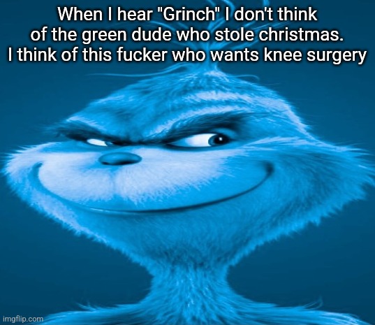 Blue Grinch | When I hear "Grinch" I don't think of the green dude who stole christmas. I think of this fucker who wants knee surgery | image tagged in blue grinch | made w/ Imgflip meme maker