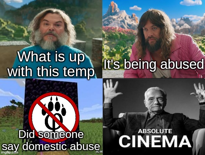 Idk | What is up with this temp; It's being abused; Did someone say domestic abuse | image tagged in minecraft movie popular character plot twist portal introduction | made w/ Imgflip meme maker