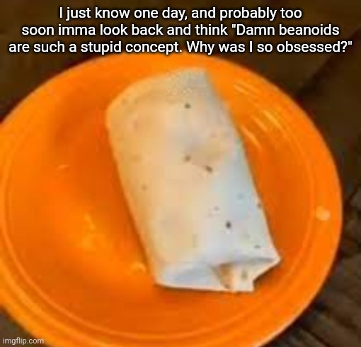 JimmyHere Burrito | I just know one day, and probably too soon imma look back and think "Damn beanoids are such a stupid concept. Why was I so obsessed?" | image tagged in jimmyhere burrito | made w/ Imgflip meme maker