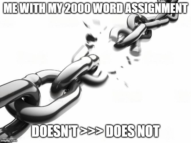 Broken Chain (NO WATERMARK) | ME WITH MY 2000 WORD ASSIGNMENT; DOESN'T >>> DOES NOT | image tagged in broken chain no watermark | made w/ Imgflip meme maker