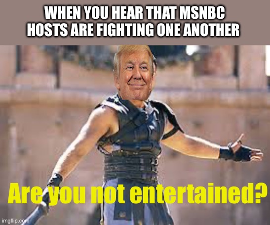 Infighting At MSNBC | WHEN YOU HEAR THAT MSNBC HOSTS ARE FIGHTING ONE ANOTHER; Are you not entertained? | image tagged in are you not entertained,trump,donald trump,msnbc,rachel maddow,politics | made w/ Imgflip meme maker