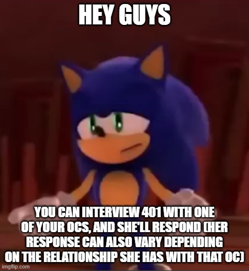 thought it'd be interesting and i need interaction | HEY GUYS; YOU CAN INTERVIEW 401 WITH ONE OF YOUR OCS, AND SHE'LL RESPOND (HER RESPONSE CAN ALSO VARY DEPENDING ON THE RELATIONSHIP SHE HAS WITH THAT OC) | image tagged in sonic sad | made w/ Imgflip meme maker