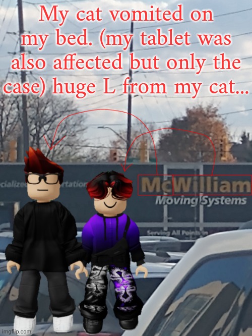 I'm very pissed off right now... I hope she doesn't do that again... | My cat vomited on my bed. (my tablet was also affected but only the case) huge L from my cat... | image tagged in mc and william name soundalike,memes,cat,vomit,announcement,cats | made w/ Imgflip meme maker