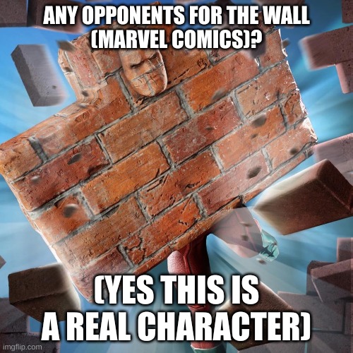 give me opponents for this mfing brick wall | ANY OPPONENTS FOR THE WALL
(MARVEL COMICS)? (YES THIS IS A REAL CHARACTER) | image tagged in fucking,brick wall | made w/ Imgflip meme maker