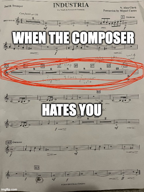 i hate the composer too | WHEN THE COMPOSER; HATES YOU | image tagged in band,trumpet | made w/ Imgflip meme maker