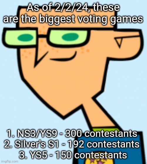 harold | As of 2/2/24, these are the biggest voting games; 1. NS3/YS9 - 300 contestants 
2. Silver's S1 - 192 contestants 
3. YS5 - 150 contestants | image tagged in harold | made w/ Imgflip meme maker