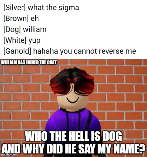 Dog said William's name | WILLIAM HAS JOINED THE CHAT; WHO THE HELL IS DOG AND WHY DID HE SAY MY NAME? | image tagged in brick wall,william,memes,sprunki | made w/ Imgflip meme maker