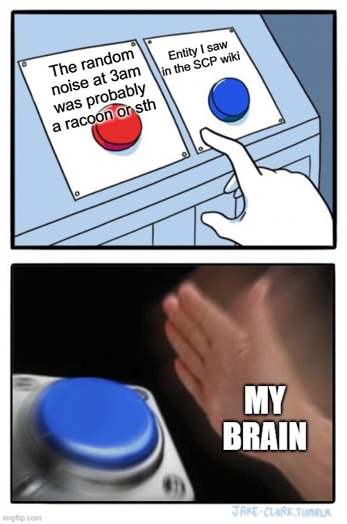 Two buttons one blue button Redux | Entity I saw in the SCP wiki; The random noise at 3am was probably a racoon or sth; MY BRAIN | image tagged in two buttons one blue button redux,relatable memes,creepy | made w/ Imgflip meme maker