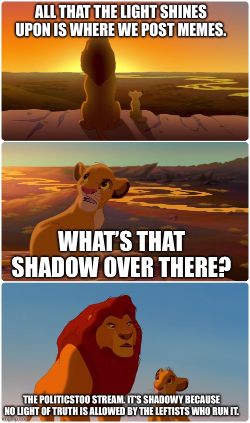 Lion King Meme | ALL THAT THE LIGHT SHINES UPON IS WHERE WE POST MEMES. WHAT’S THAT SHADOW OVER THERE? THE POLITICSTOO STREAM. IT’S SHADOWY BECAUSE NO LIGHT OF TRUTH IS ALLOWED BY THE LEFTISTS WHO RUN IT. | image tagged in lion king meme | made w/ Imgflip meme maker