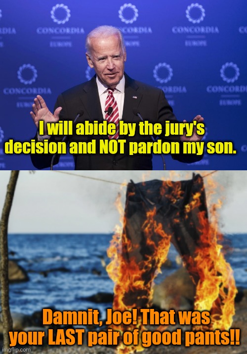 Can you get me more at Wal-Mart, Jill? | I will abide by the jury's decision and NOT pardon my son. Damnit, Joe! That was your LAST pair of good pants!! | image tagged in joe biden | made w/ Imgflip meme maker