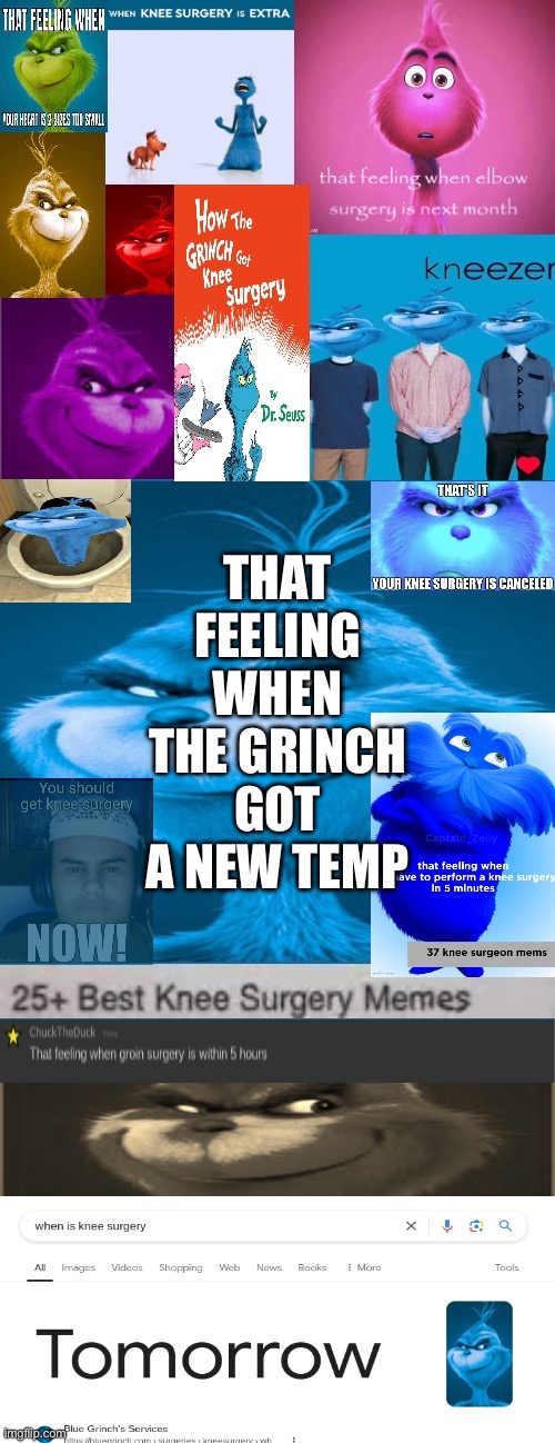 Knee surgery announcement template | THAT FEELING WHEN THE GRINCH GOT A NEW TEMP | image tagged in knee surgery announcement template | made w/ Imgflip meme maker