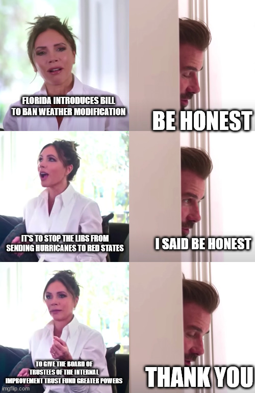 Victoria David Beckham Be Honest | FLORIDA INTRODUCES BILL TO BAN WEATHER MODIFICATION; BE HONEST; IT'S TO STOP THE LIBS FROM SENDING HURRICANES TO RED STATES; I SAID BE HONEST; TO GIVE THE BOARD OF TRUSTEES OF THE INTERNAL IMPROVEMENT TRUST FUND GREATER POWERS; THANK YOU | image tagged in victoria david beckham be honest | made w/ Imgflip meme maker