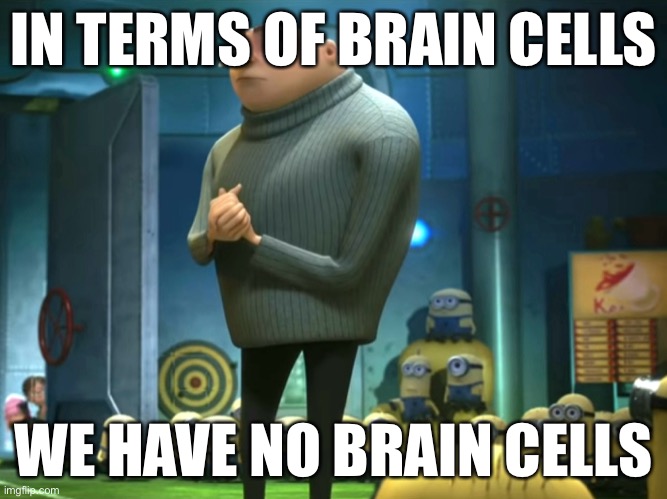 Gru | IN TERMS OF BRAIN CELLS; WE HAVE NO BRAIN CELLS | image tagged in in terms of money we have no money | made w/ Imgflip meme maker