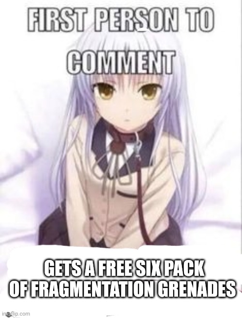 first person to comment owns as a pet for a week | GETS A FREE SIX PACK OF FRAGMENTATION GRENADES | image tagged in first person to comment owns as a pet for a week | made w/ Imgflip meme maker