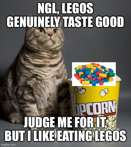 Yeah. | NGL, LEGOS GENUINELY TASTE GOOD; JUDGE ME FOR IT, BUT I LIKE EATING LEGOS | image tagged in cat eating popcorn | made w/ Imgflip meme maker