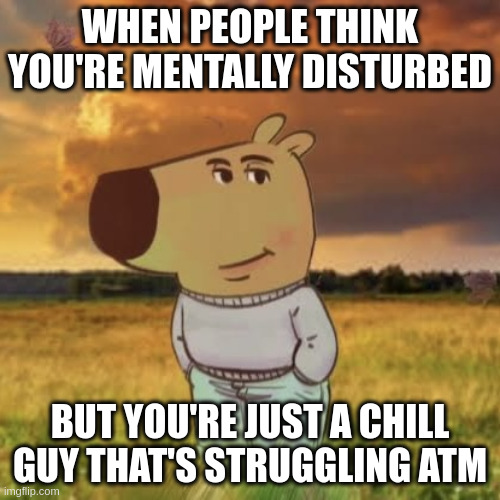 Chill guy | WHEN PEOPLE THINK YOU'RE MENTALLY DISTURBED; BUT YOU'RE JUST A CHILL GUY THAT'S STRUGGLING ATM | image tagged in chill guy | made w/ Imgflip meme maker