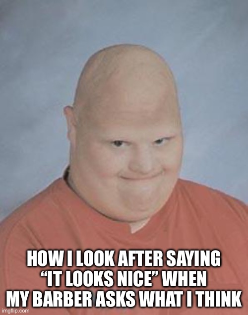 “Yeah it’s great” | HOW I LOOK AFTER SAYING “IT LOOKS NICE” WHEN MY BARBER ASKS WHAT I THINK | image tagged in dumb baldo | made w/ Imgflip meme maker