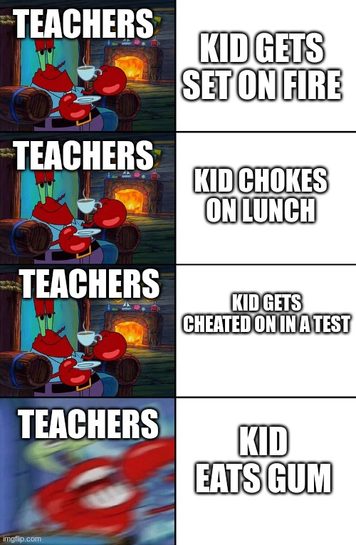 Shocked Mr Krabs | TEACHERS; KID GETS SET ON FIRE; TEACHERS; KID CHOKES ON LUNCH; TEACHERS; KID GETS CHEATED ON IN A TEST; TEACHERS; KID EATS GUM | image tagged in shocked mr krabs | made w/ Imgflip meme maker