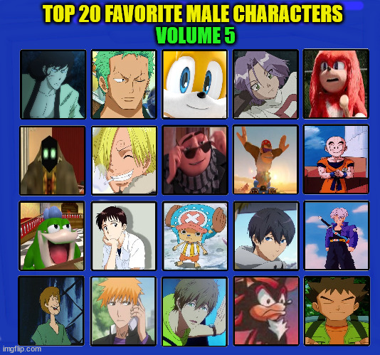 top 20 favorite male characters volume 5 | TOP 20 FAVORITE MALE CHARACTERS; VOLUME 5 | image tagged in top 20 male characters of all time,favorites,anime,videogames,cartoons,classic characters | made w/ Imgflip meme maker