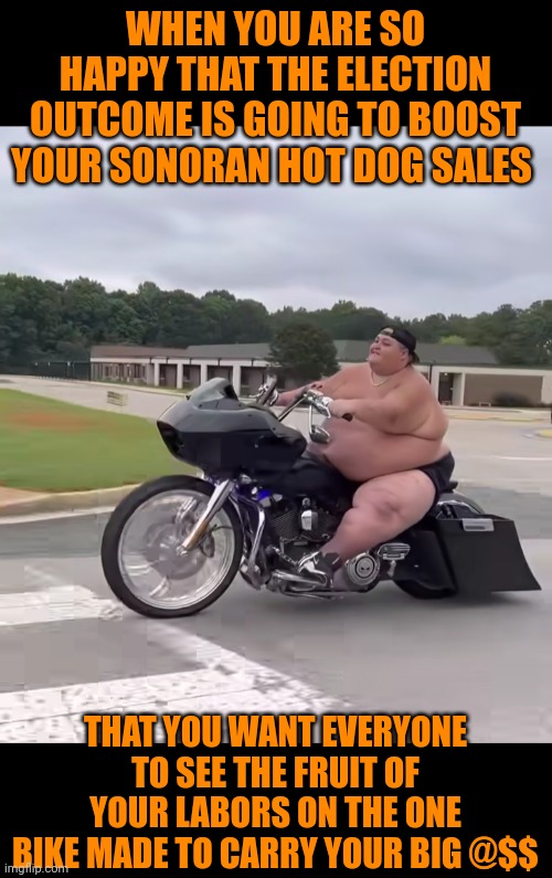 Funny | WHEN YOU ARE SO HAPPY THAT THE ELECTION OUTCOME IS GOING TO BOOST YOUR SONORAN HOT DOG SALES; THAT YOU WANT EVERYONE TO SEE THE FRUIT OF YOUR LABORS ON THE ONE BIKE MADE TO CARRY YOUR BIG @$$ | image tagged in funny,harley davidson,hot dogs,sales,happy,election | made w/ Imgflip meme maker