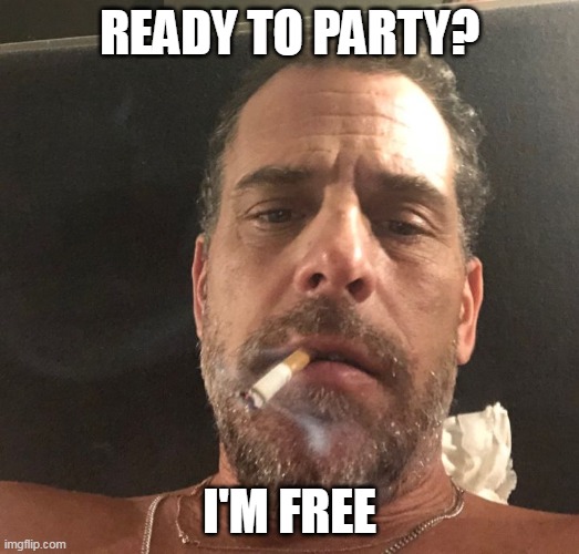 ready to party? | READY TO PARTY? I'M FREE | image tagged in hunter biden,politics,party,pardon,president_joe_biden,cocaine is a hell of a drug | made w/ Imgflip meme maker