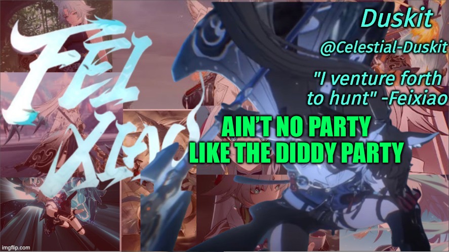 Duskit's Feixiao template | AIN’T NO PARTY LIKE THE DIDDY PARTY | image tagged in duskit's feixiao template | made w/ Imgflip meme maker