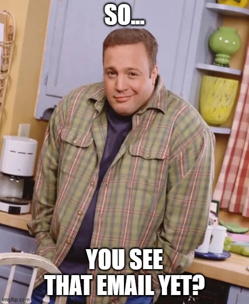 email follow-up | SO... YOU SEE THAT EMAIL YET? | image tagged in kevin james shrug | made w/ Imgflip meme maker