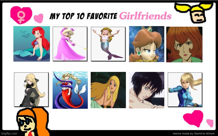 top 10 favorite girlfriends | image tagged in top 10 favorite girlfriends,the little mermaid,anime,video games,movies,princesses | made w/ Imgflip meme maker