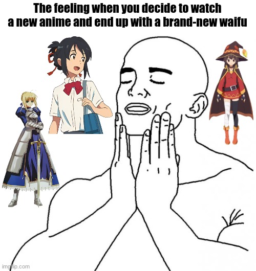 Feels Good Man | The feeling when you decide to watch a new anime and end up with a brand-new waifu | image tagged in feels good man,megumin,saber,mitsuha,anime | made w/ Imgflip meme maker