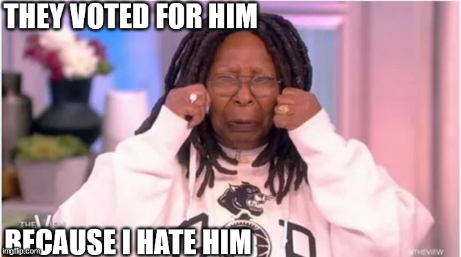 Yep,  You got USED like  yesterday's SHOES   Whoopi  Cushion! | THEY VOTED FOR HIM; BECAUSE I HATE HIM | image tagged in whoopi goldberg,donald trump,used her,to win | made w/ Imgflip meme maker