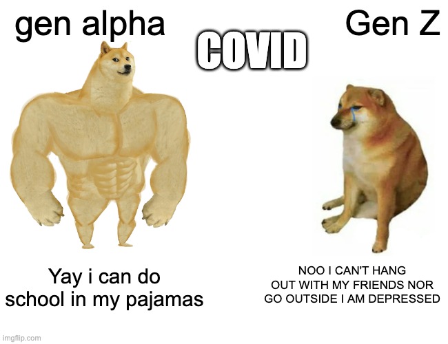 Buff Doge vs. Cheems Meme | gen alpha; Gen Z; COVID; NOO I CAN'T HANG OUT WITH MY FRIENDS NOR GO OUTSIDE I AM DEPRESSED; Yay i can do school in my pajamas | image tagged in memes,buff doge vs cheems | made w/ Imgflip meme maker