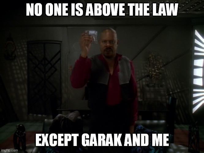 No One Is Above The Law Except Garak and Sisko | NO ONE IS ABOVE THE LAW; EXCEPT GARAK AND ME | image tagged in ds9 sisko huge victory for the good guys | made w/ Imgflip meme maker