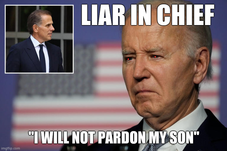 Liar in chief | LIAR IN CHIEF; "I WILL NOT PARDON MY SON" | image tagged in memes,creepy joe biden,liar liar pants on fire,government corruption,political meme | made w/ Imgflip meme maker