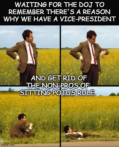 WAITING FOR THE DOJ TO REMEMBER THERE'S A REASON WHY WE HAVE A VICE-PRESIDENT AND GET RID OF THE NON-PROS OF SITTING POTUS RULE. | image tagged in mr bean waiting | made w/ Imgflip meme maker