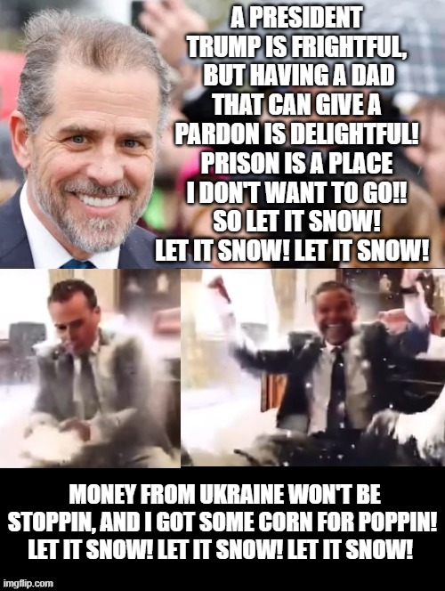 A President Trump is frightful but having a dad that can give a pardon is delightful! | A PRESIDENT TRUMP IS FRIGHTFUL,  BUT HAVING A DAD THAT CAN GIVE A PARDON IS DELIGHTFUL! PRISON IS A PLACE I DON'T WANT TO GO!! SO LET IT SNOW! LET IT SNOW! LET IT SNOW! MONEY FROM UKRAINE WON'T BE STOPPIN, AND I GOT SOME CORN FOR POPPIN!  LET IT SNOW! LET IT SNOW! LET IT SNOW! | image tagged in snowstorm,special snowflake,mom come pick me up i'm scared | made w/ Imgflip meme maker