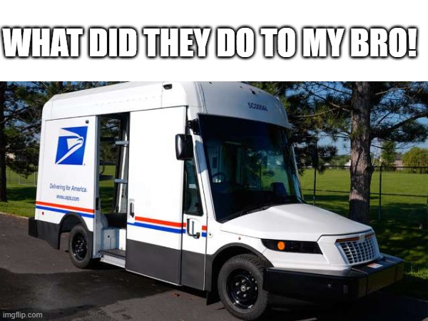 They mascaraded my boi | WHAT DID THEY DO TO MY BRO! | image tagged in new mail trucks,meme,funny,i hate this | made w/ Imgflip meme maker