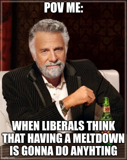 The Most Interesting Man In The World | POV ME:; WHEN LIBERALS THINK THAT HAVING A MELTDOWN IS GONNA DO ANYHTING | image tagged in memes,the most interesting man in the world | made w/ Imgflip meme maker