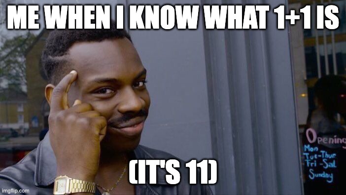 Roll Safe Think About It Meme | ME WHEN I KNOW WHAT 1+1 IS; (IT'S 11) | image tagged in memes,roll safe think about it | made w/ Imgflip meme maker