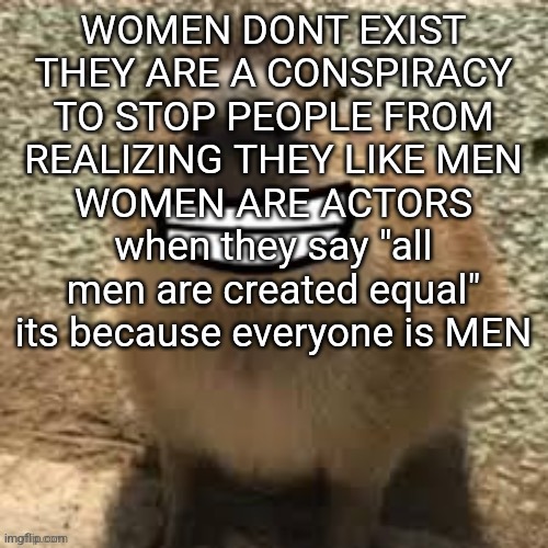 WOMEN ARE FICTIONAL | WOMEN DONT EXIST THEY ARE A CONSPIRACY TO STOP PEOPLE FROM REALIZING THEY LIKE MEN
WOMEN ARE ACTORS
when they say "all men are created equal" its because everyone is MEN | image tagged in goofy ass capybara | made w/ Imgflip meme maker